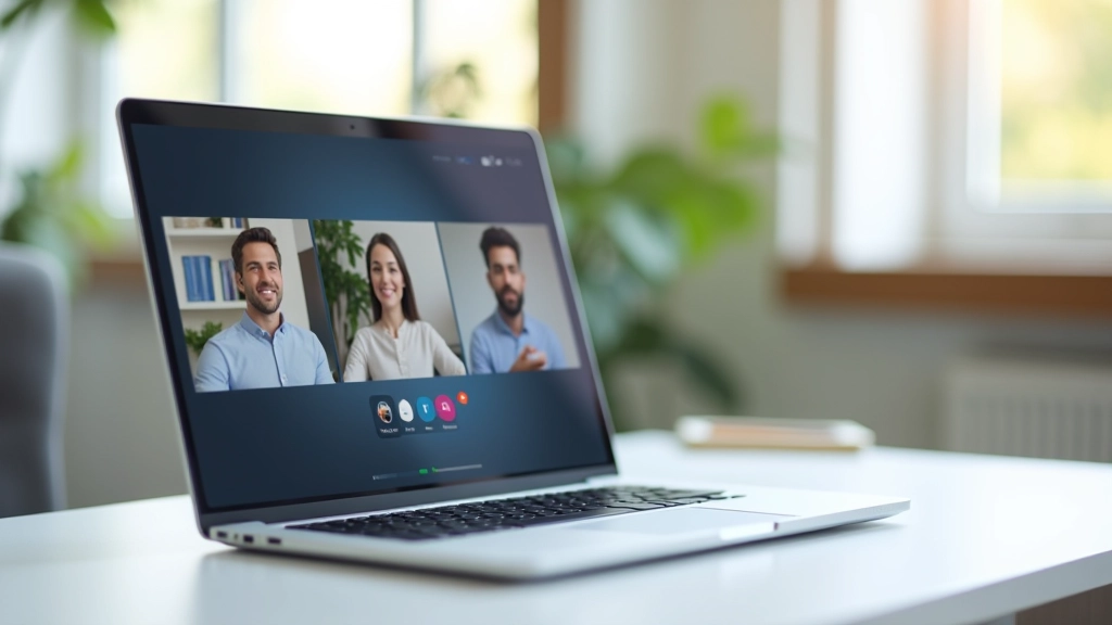 Laptop ar video konferences programmu, rādot trīs dalībniekus dažādos ģeogrāfiskajos apgabalos