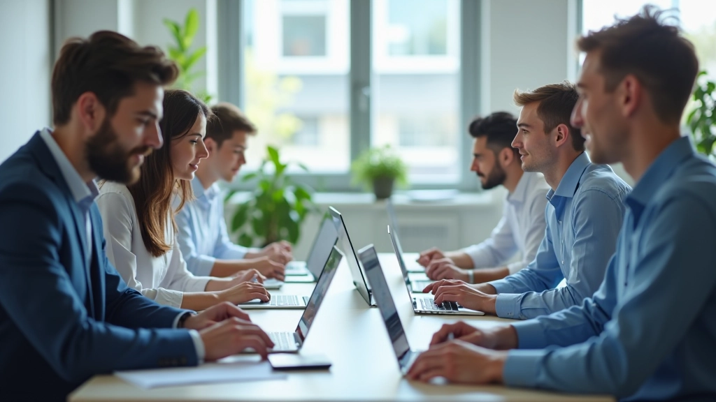 Darbinieki apkārt laptopu pie galda ar skaidri redzamiem produktivitātes mērīšanas grafikiem uz ekrāniem