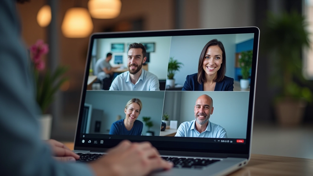 Četri profesionāļi videokonferencē uz portatīvā datora ekrāna ar virtuālā biroja sfēru fona